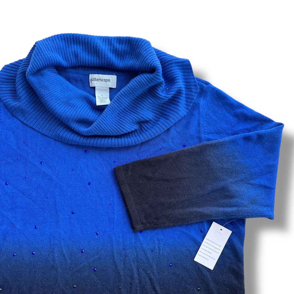 Glitterscape Women's L Blue Black Ombre Rhinestone Cowl Neck Sweater Preppy Chic